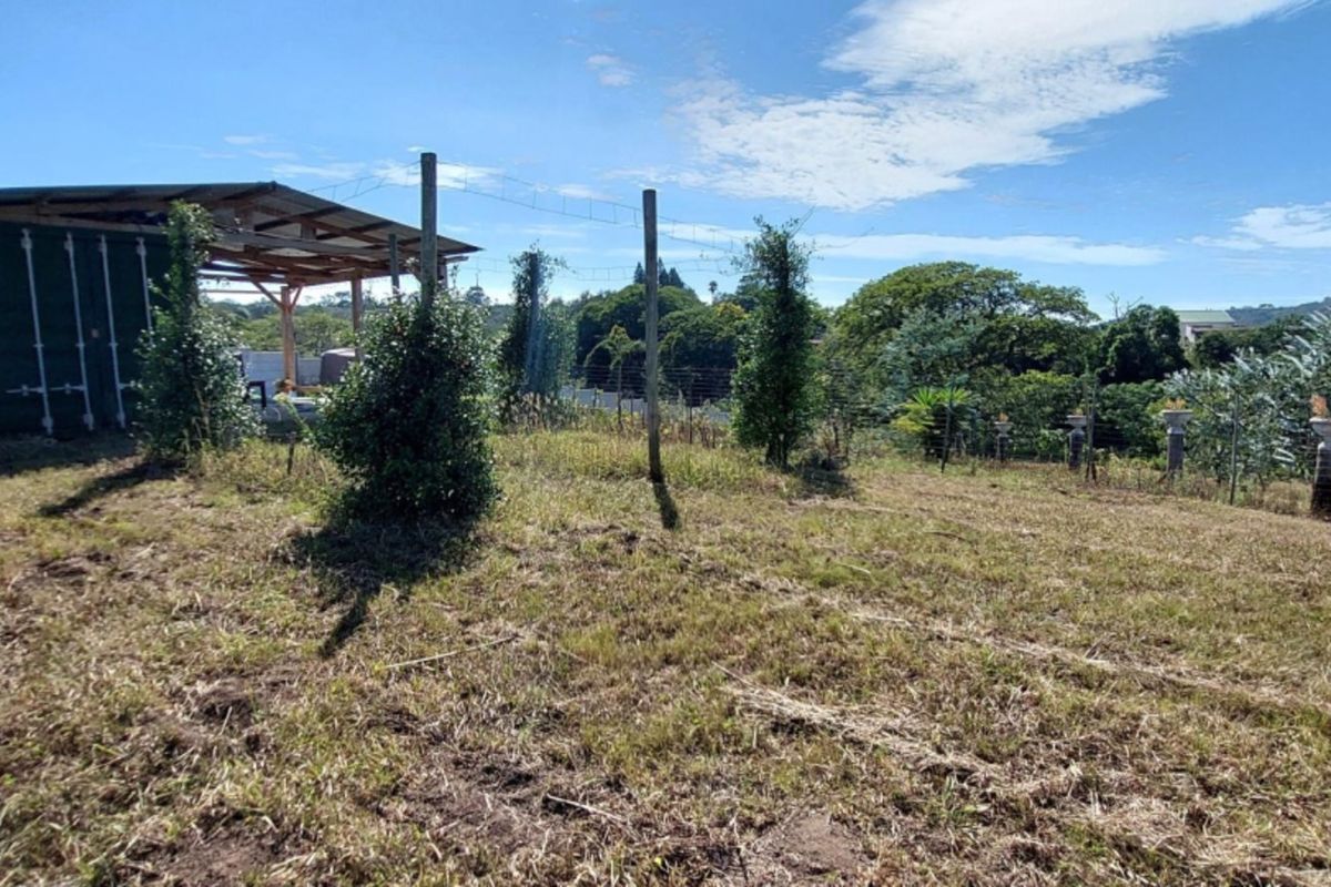 A view of the rear yard featuring a storage shed with a covered patio area, perimeter fencing, and established greenery on the property.