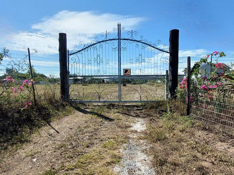 A view of the vacant residential plot entrance featuring a decorative wrought iron gate and wire mesh perimeter fencing.
