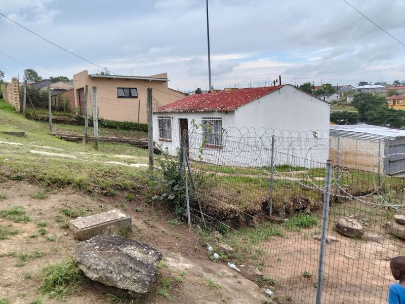Exterior view of a small residential structure featuring a corrugated metal roof and security fencing in a suburban setting.