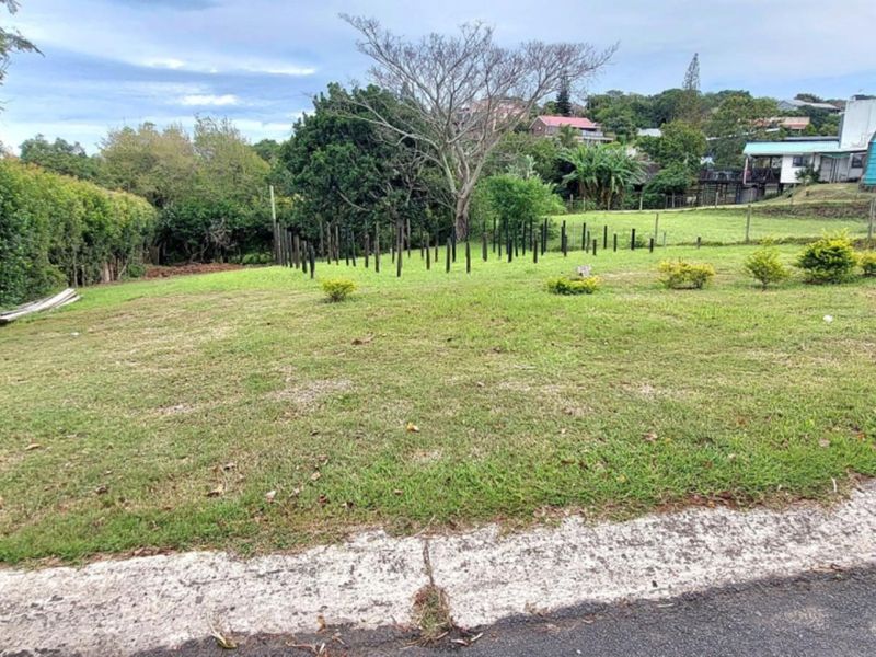A vacant residential plot featuring a well-maintained grass lawn, perimeter fencing, and established trees, offering a clear space for future development.
