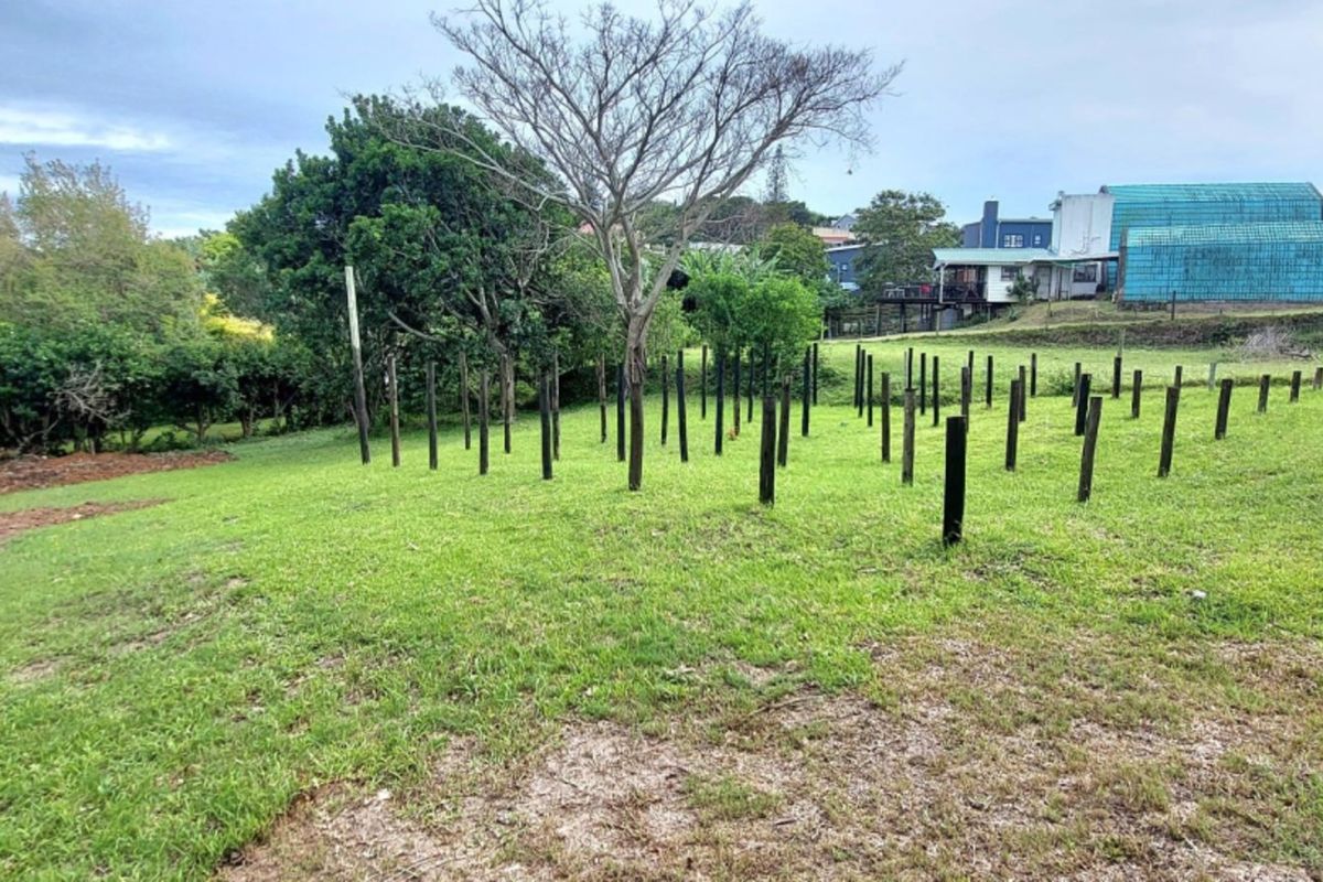 A vacant residential plot featuring a grass lawn, mature trees, and a series of vertical wooden support posts installed on the land.