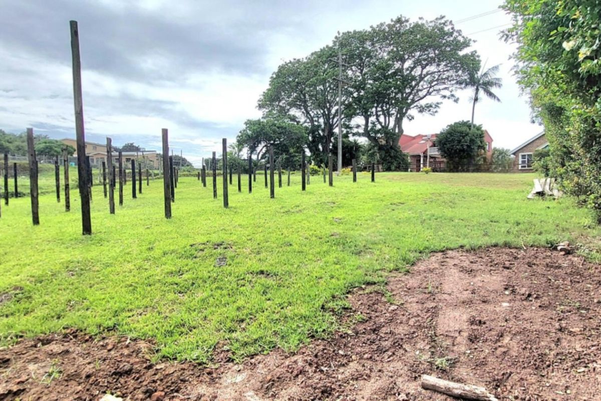 A spacious residential plot featuring a grassed lawn, mature trees, established hedging, and a series of vertical wooden posts.