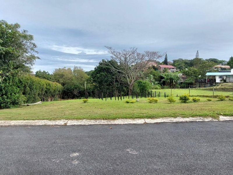 A view of a vacant residential plot from the street, featuring a grass lawn and established trees.