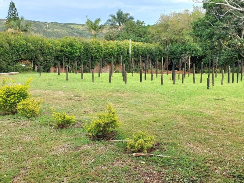 A spacious, well-maintained residential garden featuring a manicured lawn, established perimeter hedging, and a series of wooden boundary posts.