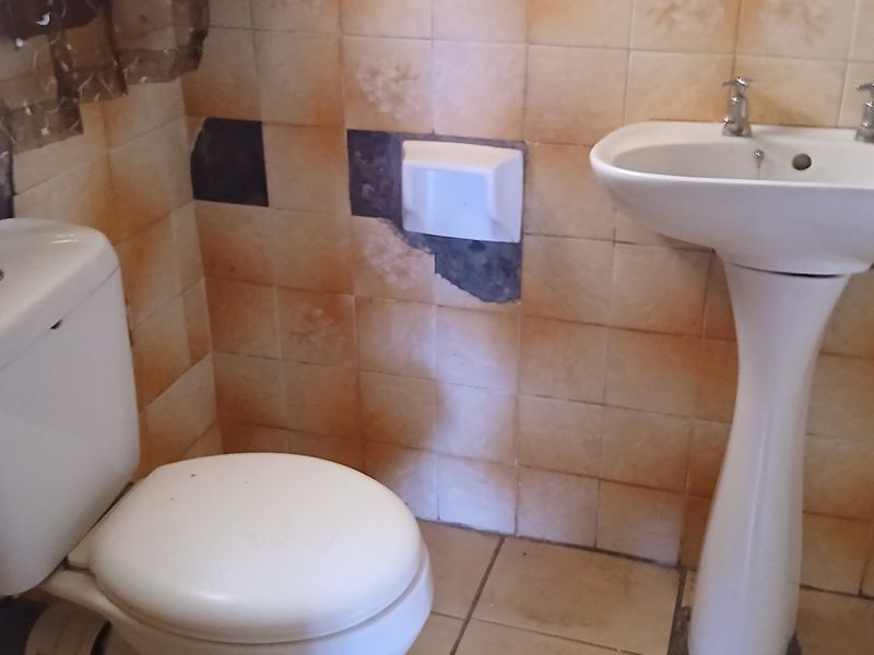 A dated bathroom featuring a pedestal basin and toilet, currently requiring significant repair and retiling of the wall surfaces.