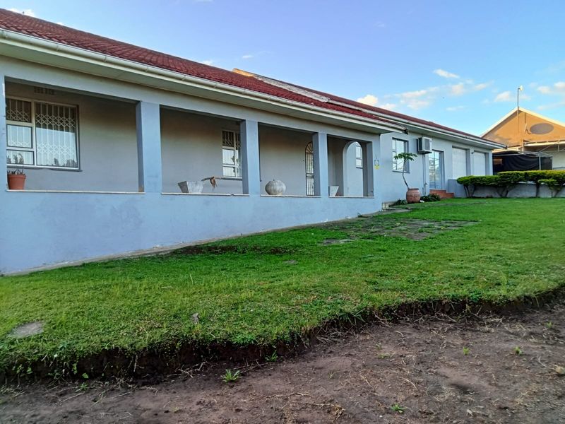 A rear view of the house featuring a covered patio, tiled roof, and a spacious lawn area.