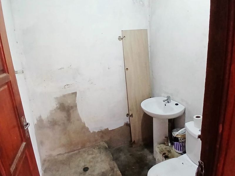 A small, basic bathroom featuring a pedestal basin, toilet, and a raised shower area, currently requiring significant renovation and cosmetic repairs.
