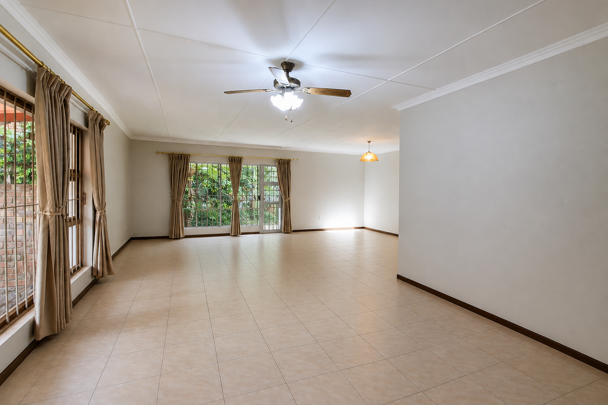 Spacious, light-filled living area featuring neutral tiled flooring, a ceiling fan, and large sliding glass doors providing access to the garden.