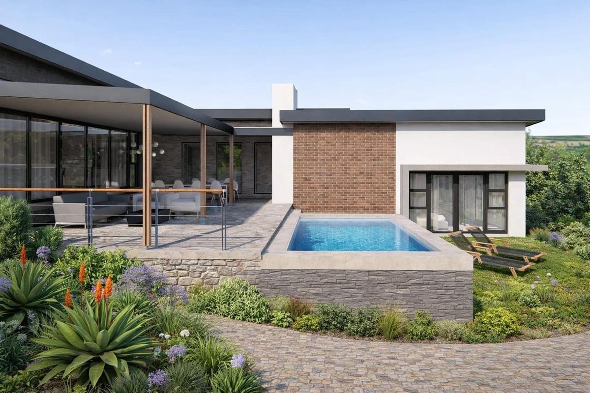 Modern rear exterior featuring a swimming pool, covered patio area, stone and brick finishes, and a landscaped garden.