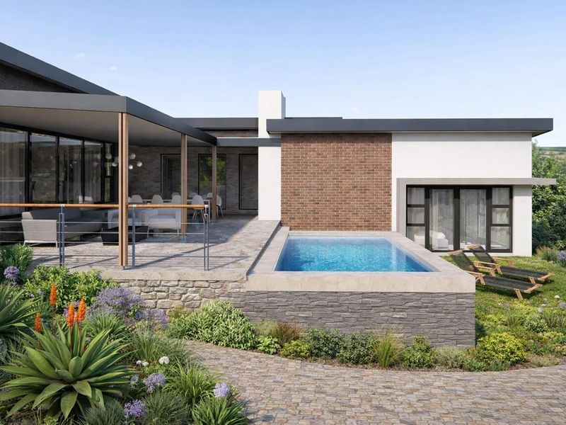 Modern rear exterior featuring a swimming pool, covered patio area, stone and brick finishes, and a landscaped garden.