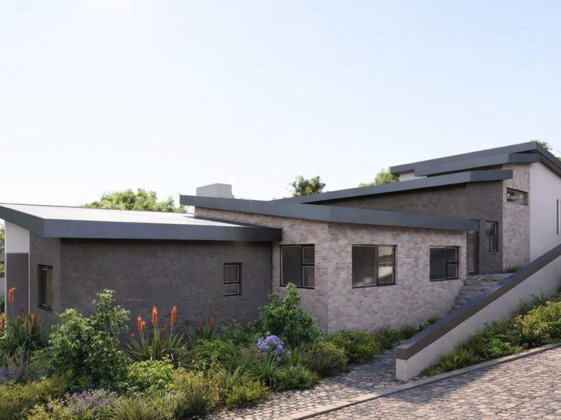 A modern architectural rendering of a residential property featuring a multi-level pitched roof, brick and plaster facade, and a landscaped driveway approach.