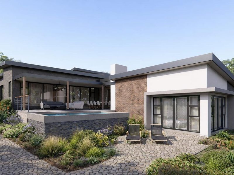 A modern residential rear exterior featuring a swimming pool, paved patio area, and contemporary architectural finishes with landscaped garden surroundings.