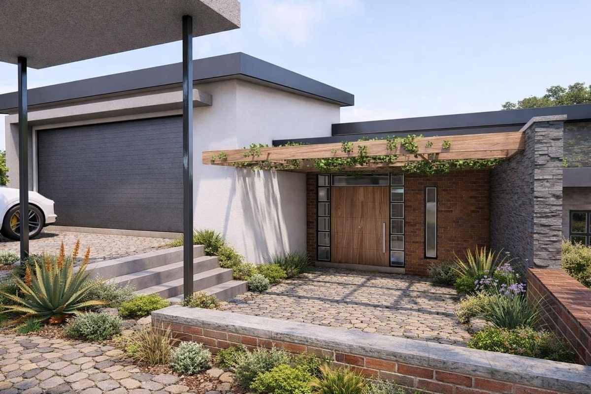 Modern residential front entrance featuring a timber pergola, stone paving, and a contemporary brick and render facade.