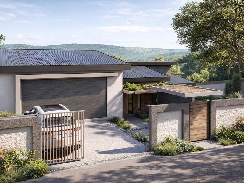 Modern residential facade featuring a paved driveway, integrated garage, stone-clad boundary walls, and a contemporary pedestrian entrance with pergola detailing.