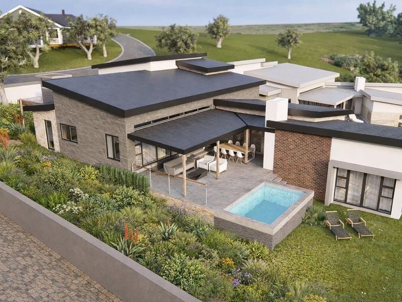 Aerial view of a modern residential property featuring a swimming pool, covered patio, and landscaped garden.