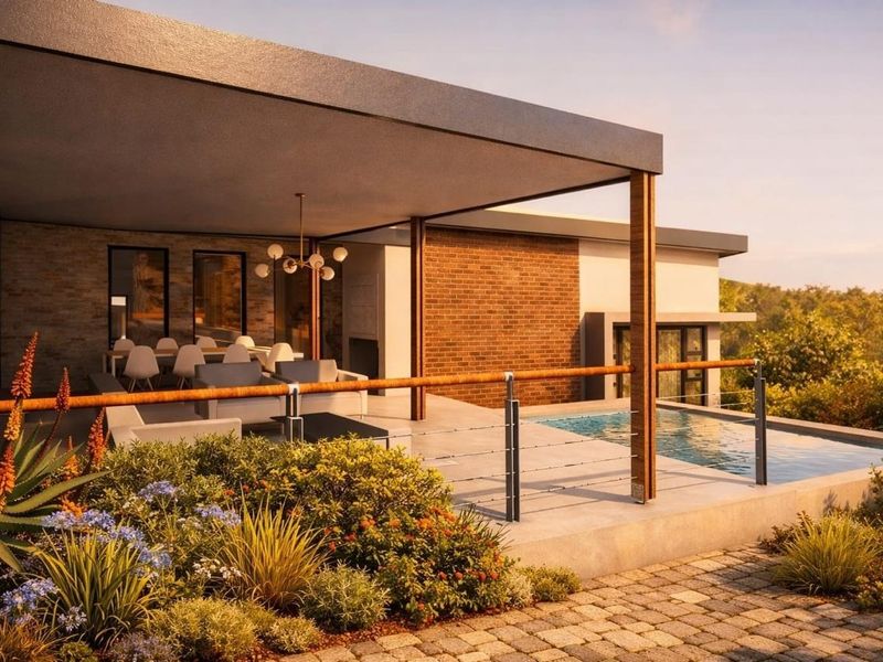 A modern covered patio featuring a swimming pool, brick accent wall, and timber detailing, offering a seamless transition to the outdoor landscape.