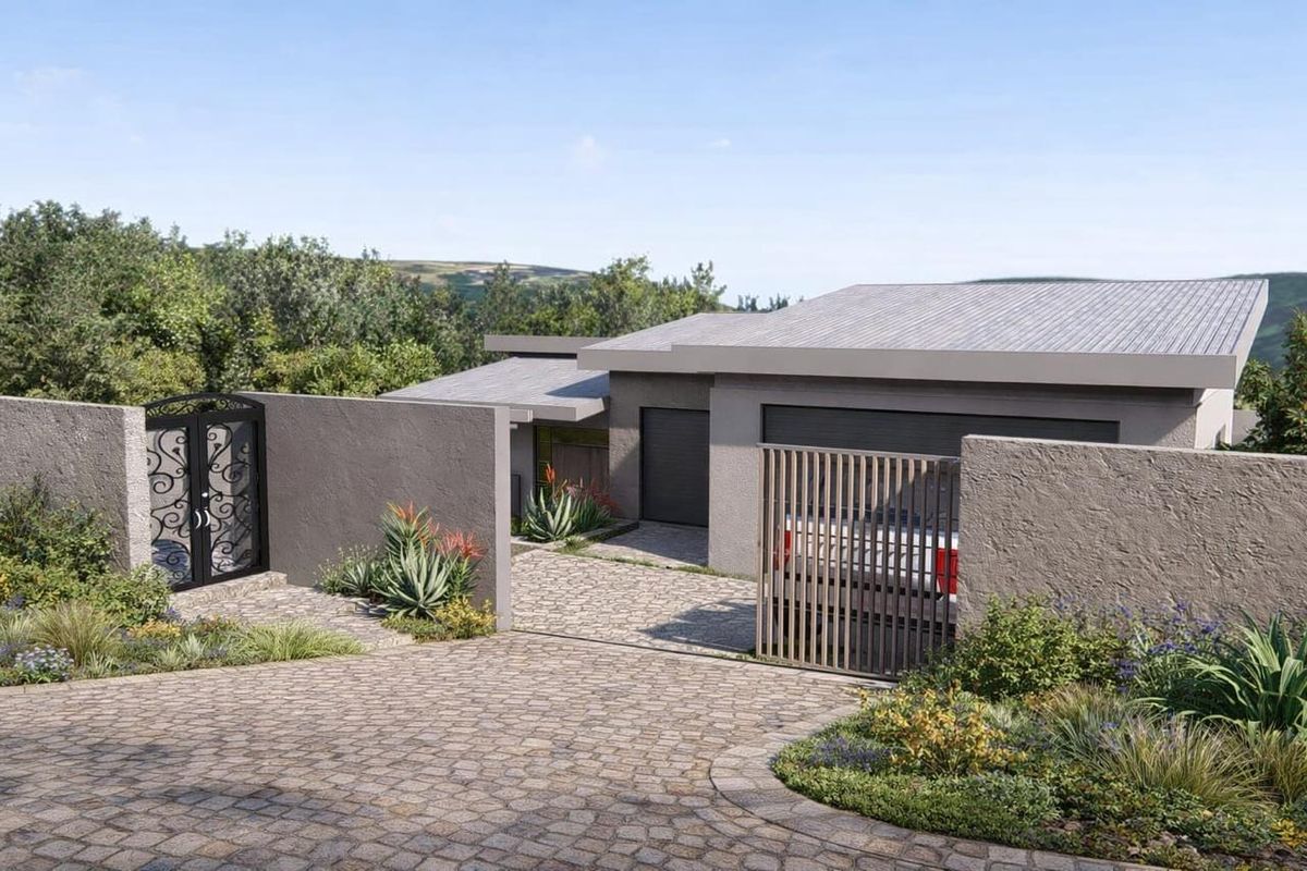 Modern residential facade featuring a paved driveway, secure gated entrance, and integrated garage, set within a landscaped environment.