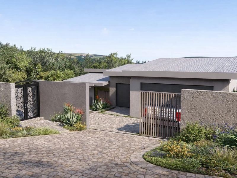 Modern residential facade featuring a paved driveway, secure gated entrance, and integrated garage, set within a landscaped environment.