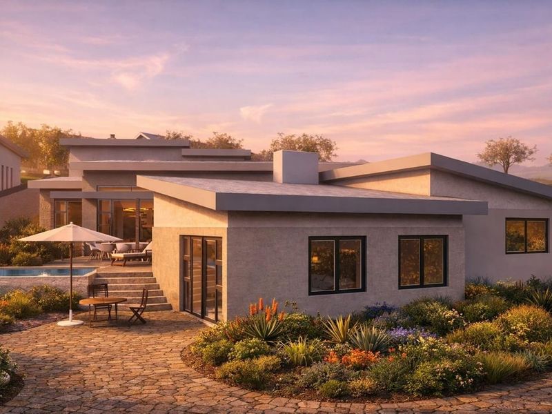 A high-quality architectural rendering of a modern residential rear exterior featuring a swimming pool, stone patio, and landscaped garden at sunset.