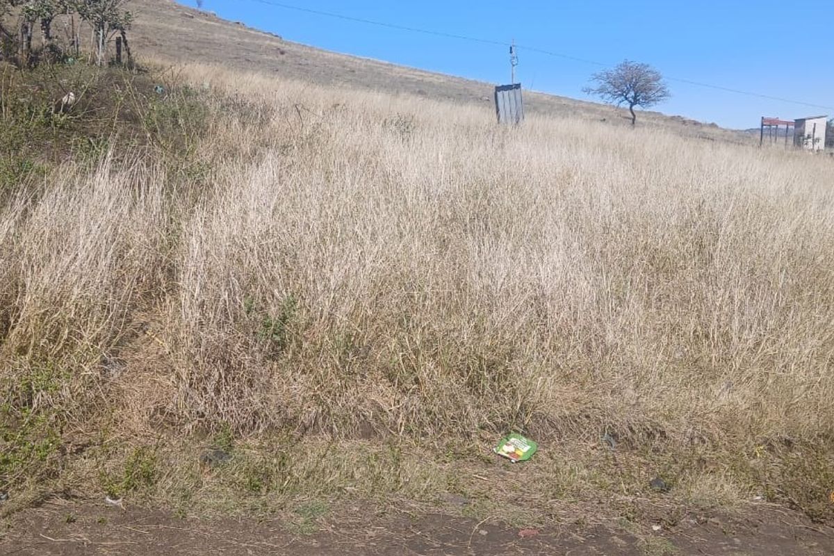A view of a vacant residential plot featuring sloped terrain and overhead power lines, ready for development.