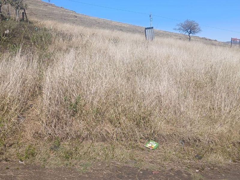 A view of a vacant residential plot featuring sloped terrain and overhead power lines, ready for development.
