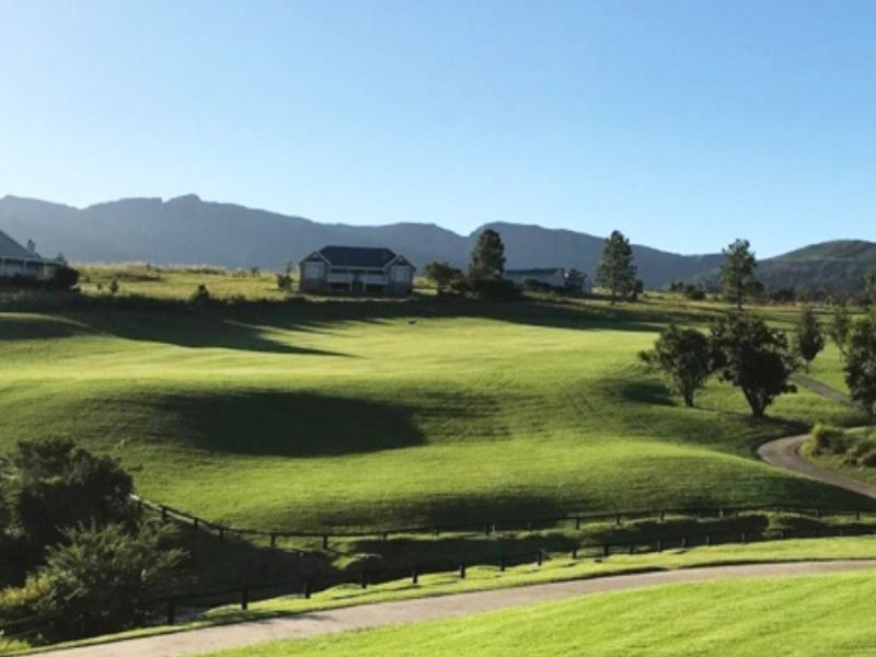A scenic view of the expansive residential land, featuring rolling green lawns, established trees, and a paved access road against a mountain backdrop.