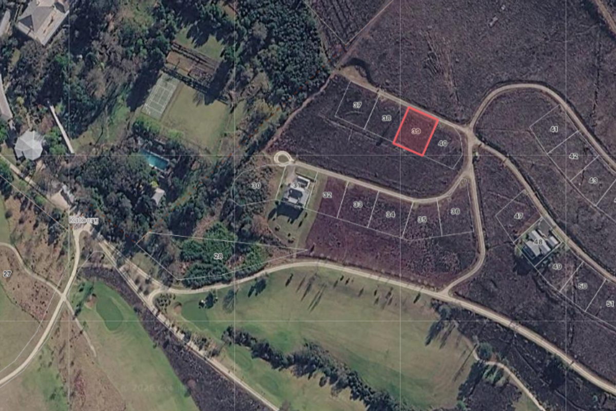 Aerial view of a vacant residential land plot, identified as lot 39, situated within a developed estate with established road access.