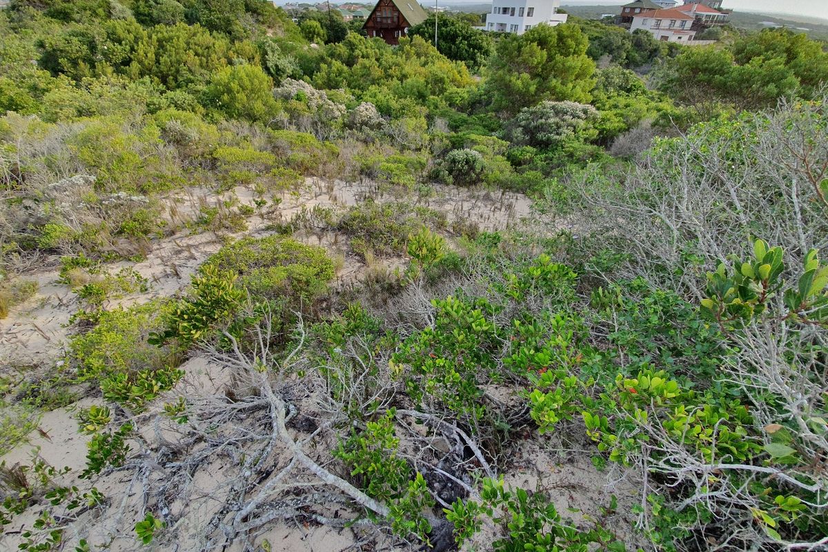 An elevated view of a vacant residential plot featuring natural coastal vegetation and sandy terrain, surrounded by established residential properties.