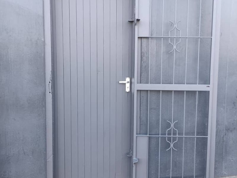 A secure exterior entrance featuring a solid door with an integrated metal security gate, set against a grey wall with paved ground.