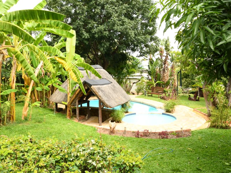 A lush garden setting featuring a swimming pool with an adjacent thatched lapa, providing a tranquil outdoor entertainment space.