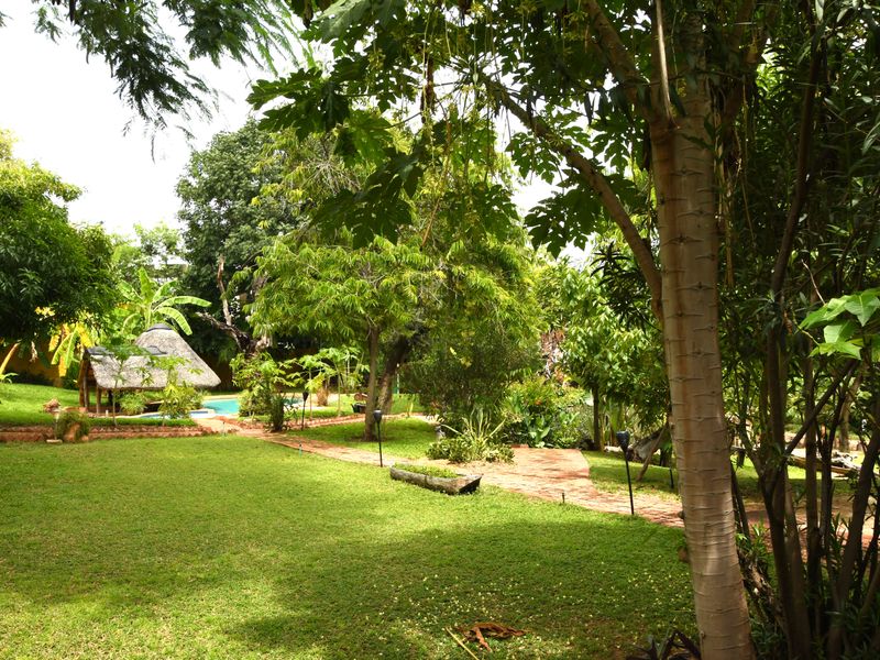 A lush, well-maintained garden featuring mature trees, a paved pathway, and a distant thatched gazebo near a swimming pool area.