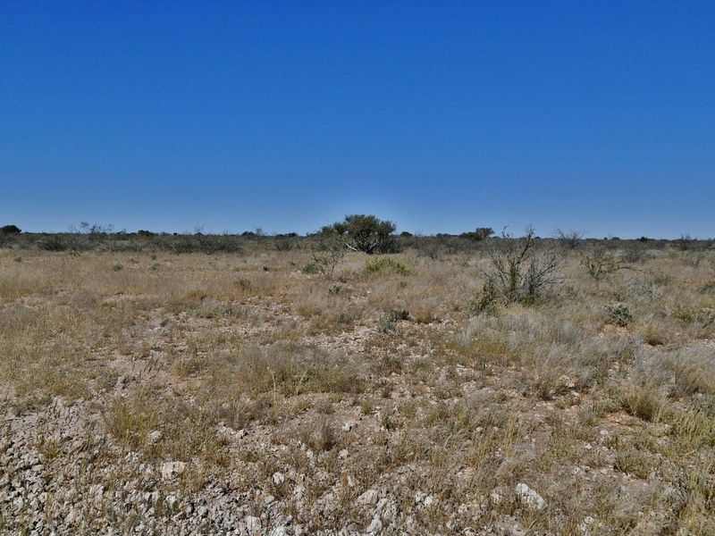 An expansive, undeveloped plot of land featuring natural dry vegetation and rocky terrain under a clear blue sky.