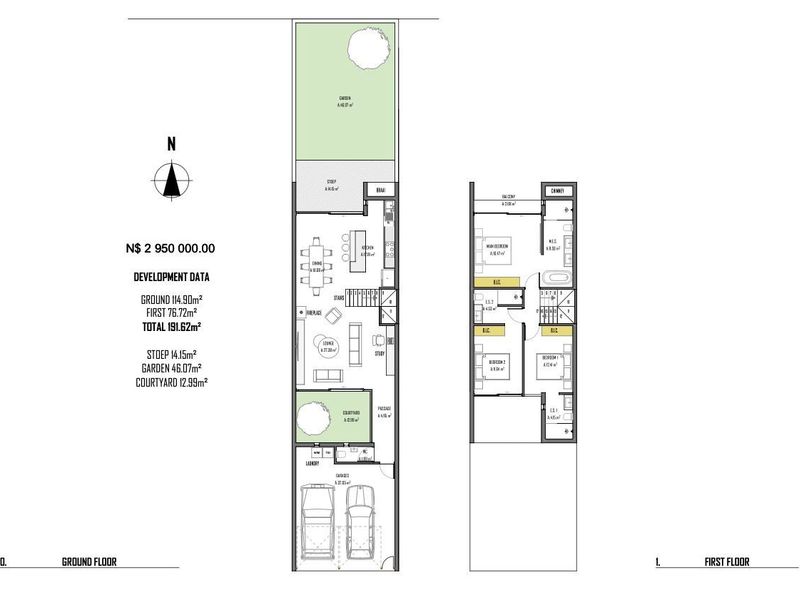 Architectural floor plan showing the ground and first floor layout of the townhouse, including room dimensions and total area specifications.