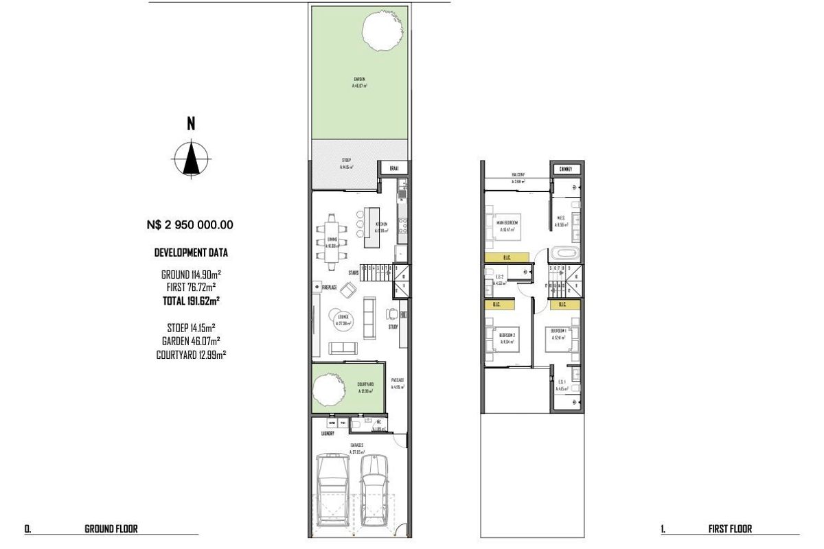Architectural floor plan showing the ground and first floor layout of the townhouse, including room dimensions and total area specifications.