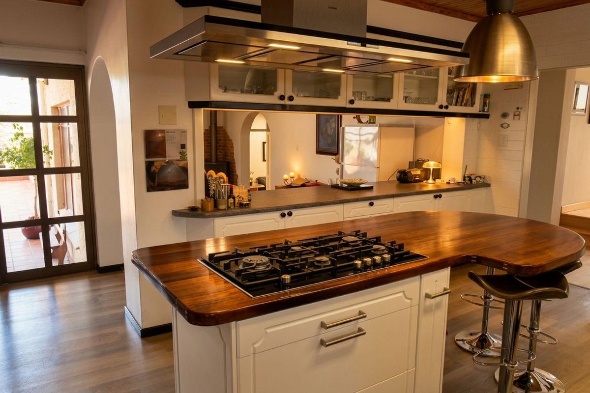 Modern kitchen featuring a central island with a wooden countertop, integrated gas hob, stainless steel extractor fan, and ample cabinetry.