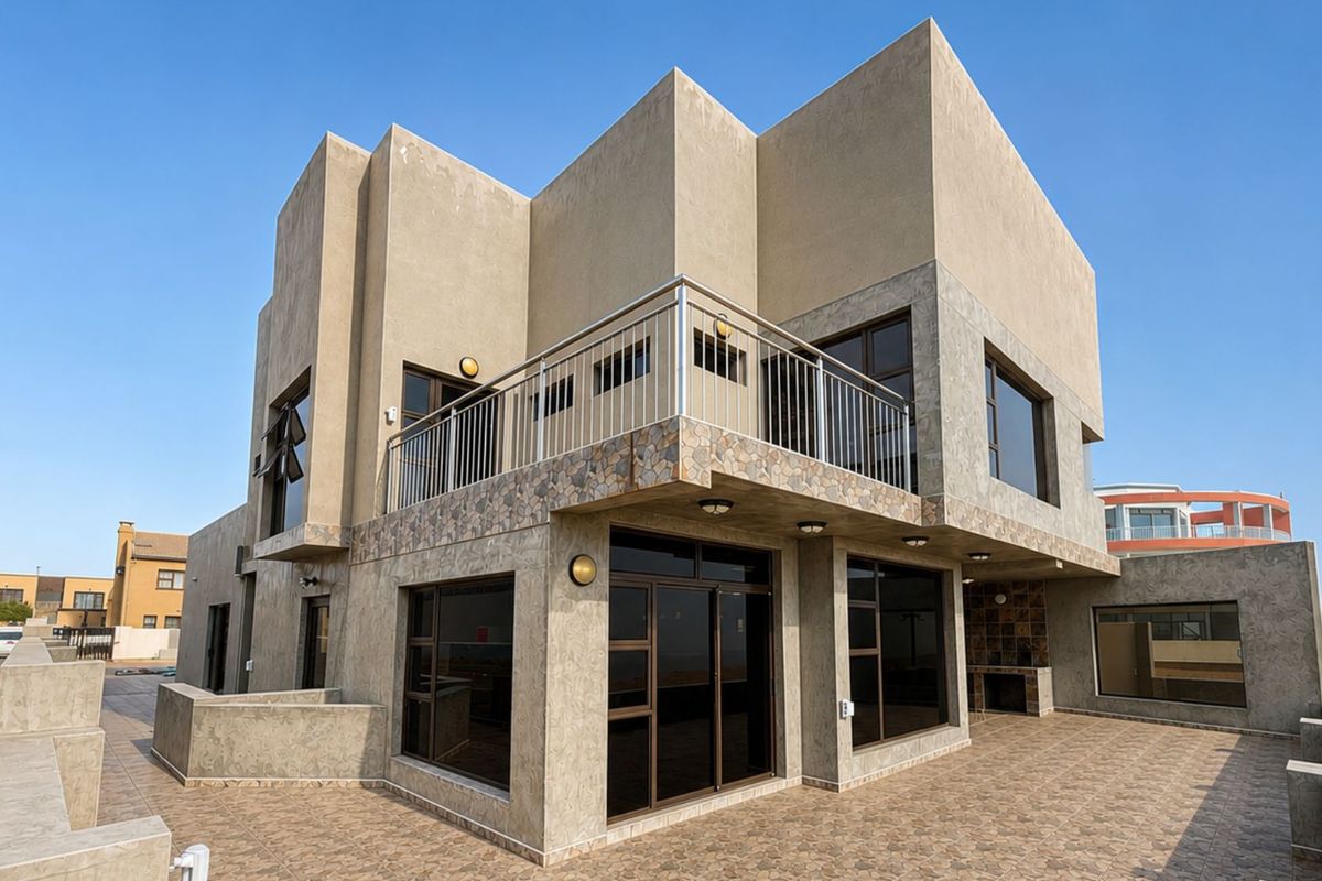 A modern two-story house exterior featuring a spacious tiled patio, balcony with metal railings, and large dark-framed windows.