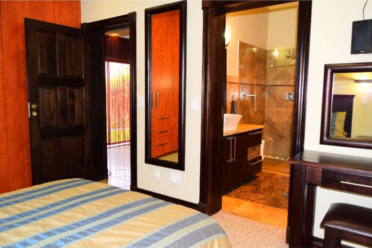 Bedroom featuring dark timber door frames, built-in cabinetry, and an adjoining en-suite bathroom with a shower and vanity basin.