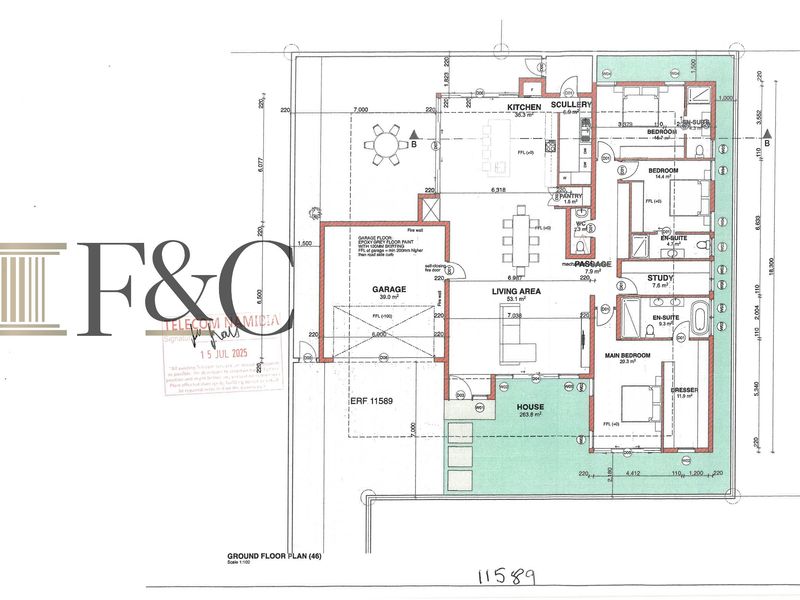 Architectural ground floor plan for a residential property, detailing the layout of living areas, bedrooms, kitchen, garage, and outdoor spaces.