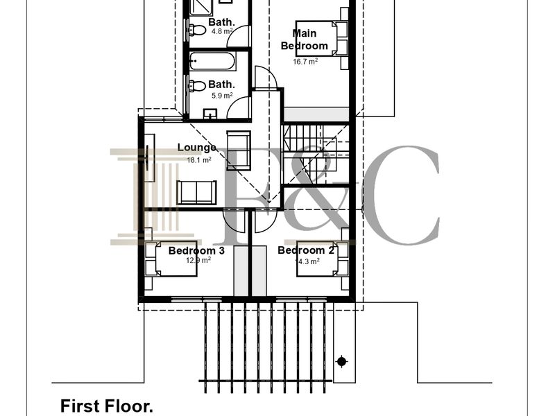 Architectural floor plan for the first floor of a townhouse, detailing the layout of bedrooms, bathrooms, and lounge area.