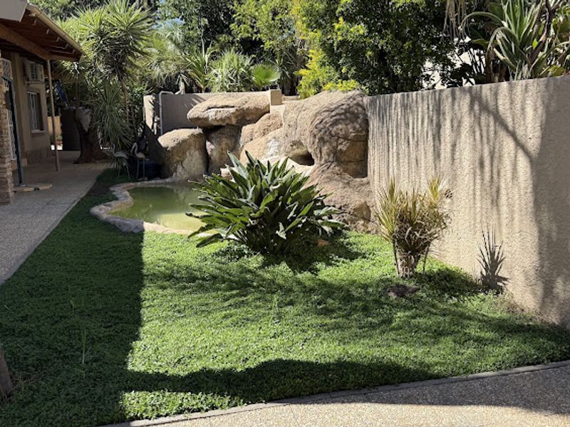 A landscaped garden area featuring a decorative rock feature with a small pond, bordered by a high boundary wall and paved walkway.