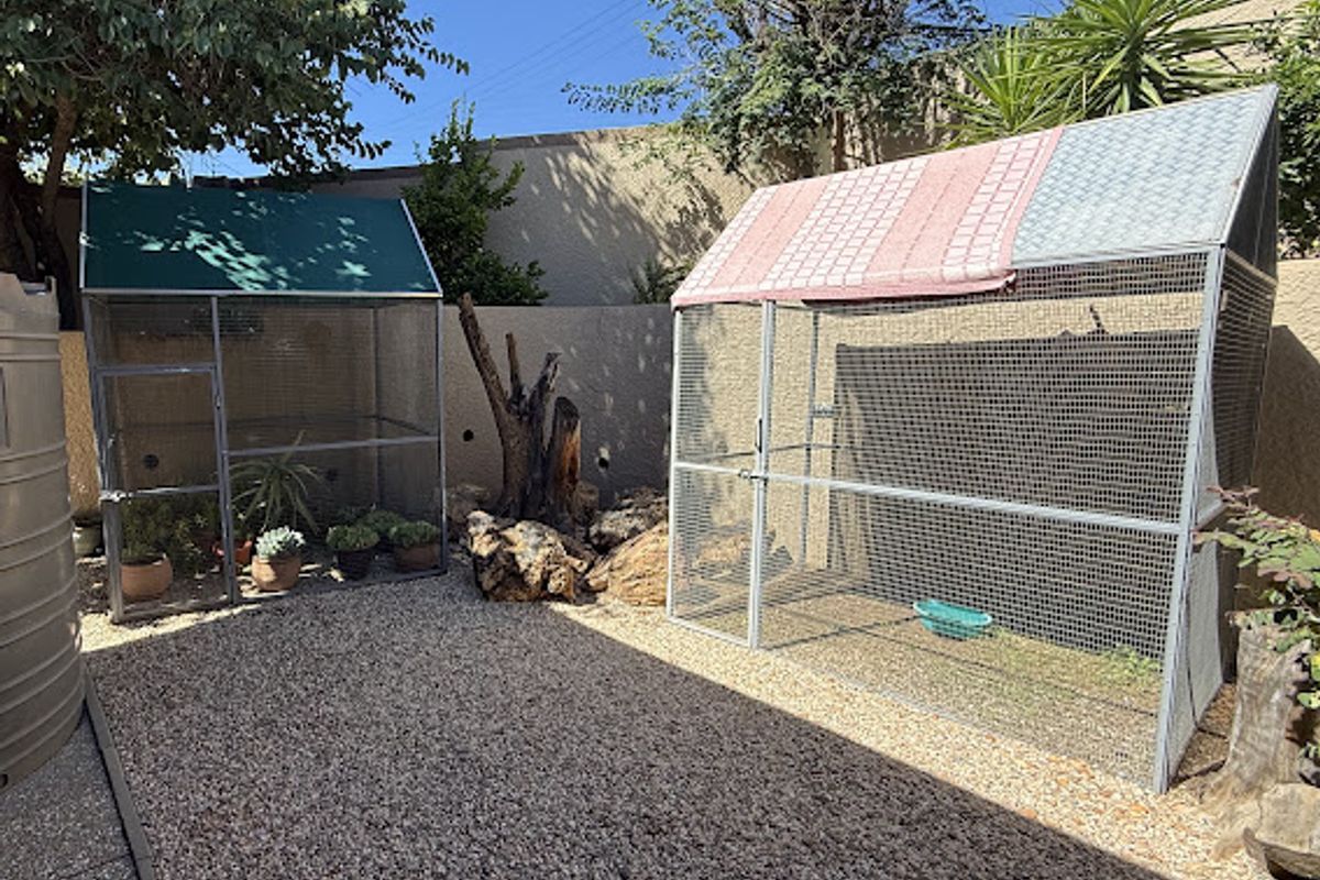 A rear garden area featuring gravel landscaping, a boundary wall, and large metal outdoor enclosures.