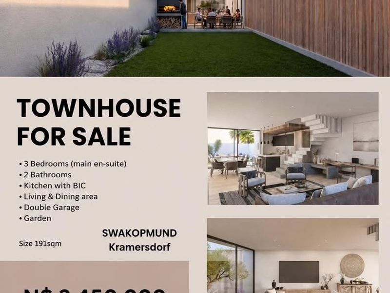 A rear view of a modern townhouse featuring a private garden, timber fencing, and a built-in braai area with large sliding glass doors.