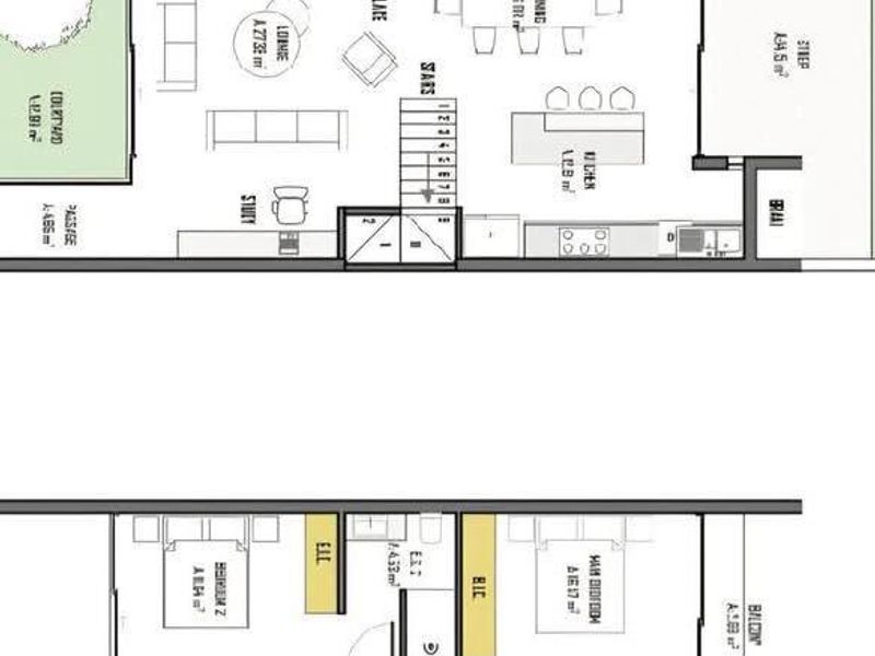 Architectural floor plan showing the ground and first floor layout of a townhouse, including living areas, bedrooms, and outdoor spaces.