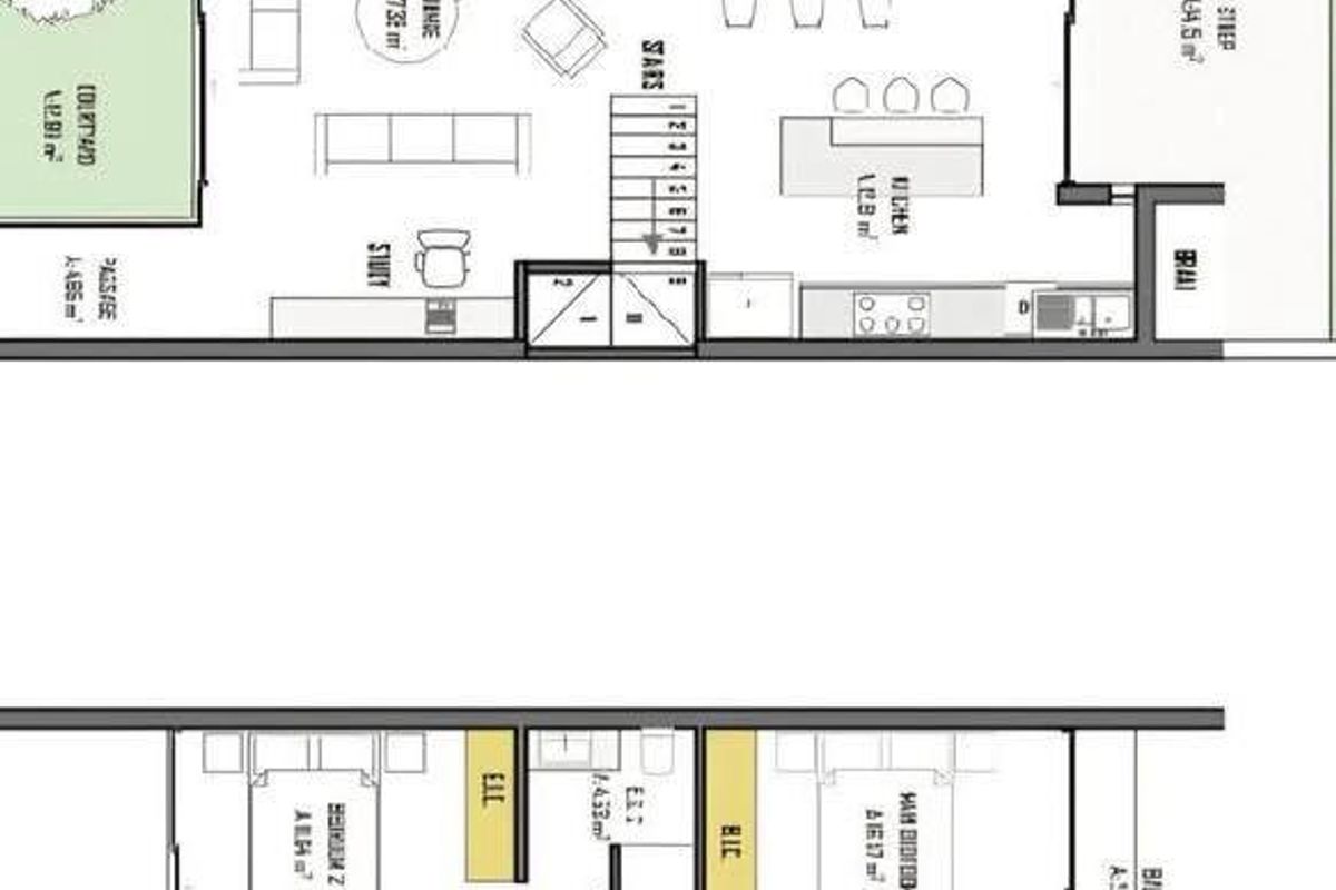 Architectural floor plan showing the ground and first floor layout of a townhouse, including living areas, bedrooms, and outdoor spaces.