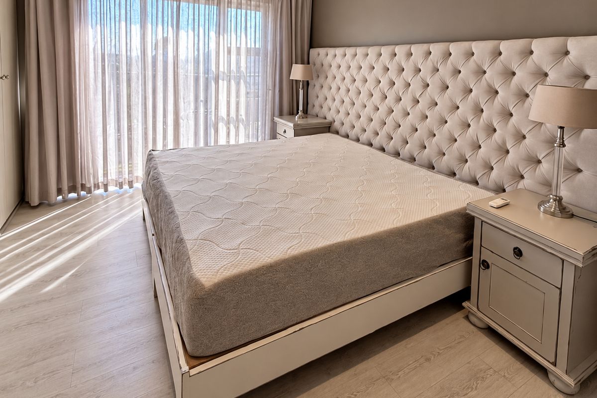 A well-maintained bedroom featuring light-toned laminate flooring and floor-to-ceiling sheer curtains that allow for ample natural light.