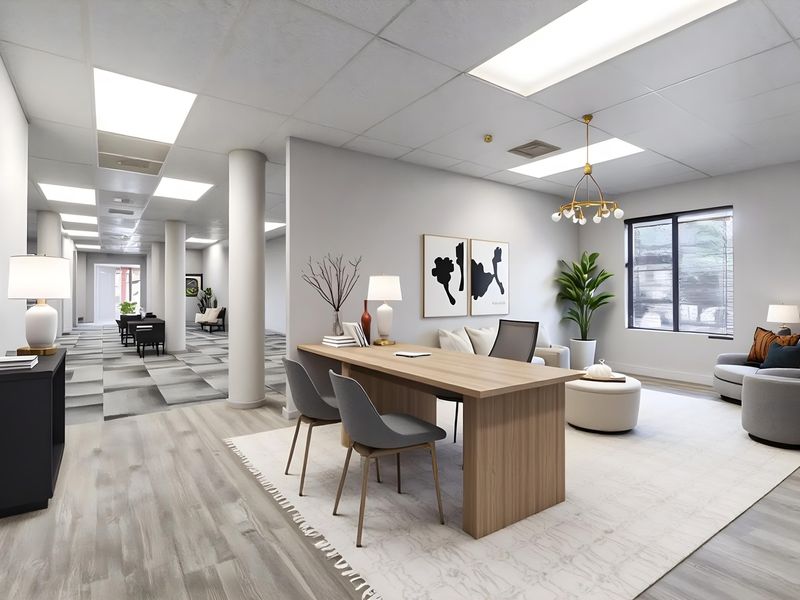 A modern, open-plan office space featuring a suspended ceiling with recessed lighting, structural columns, and large windows providing ample natural light.