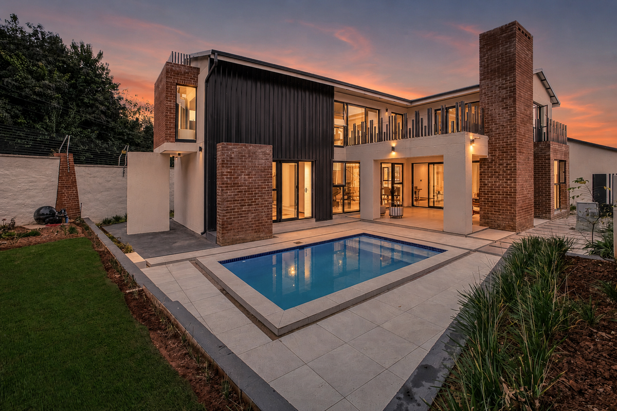 Modern double-story residence featuring a rear swimming pool, covered patio, balcony, and a striking combination of brick and metal cladding at sunset.