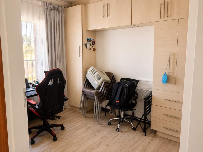 A bedroom featuring light wood-tone built-in cabinetry with overhead storage and laminate flooring, offering functional storage space.