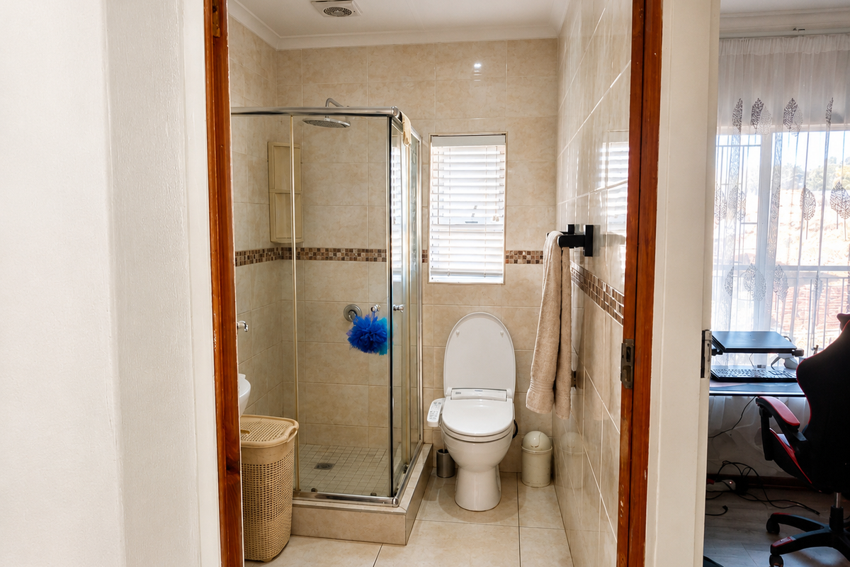 A functional bathroom featuring a glass-enclosed shower, tiled walls and flooring, and modern fixtures, providing a clean and well-maintained space.