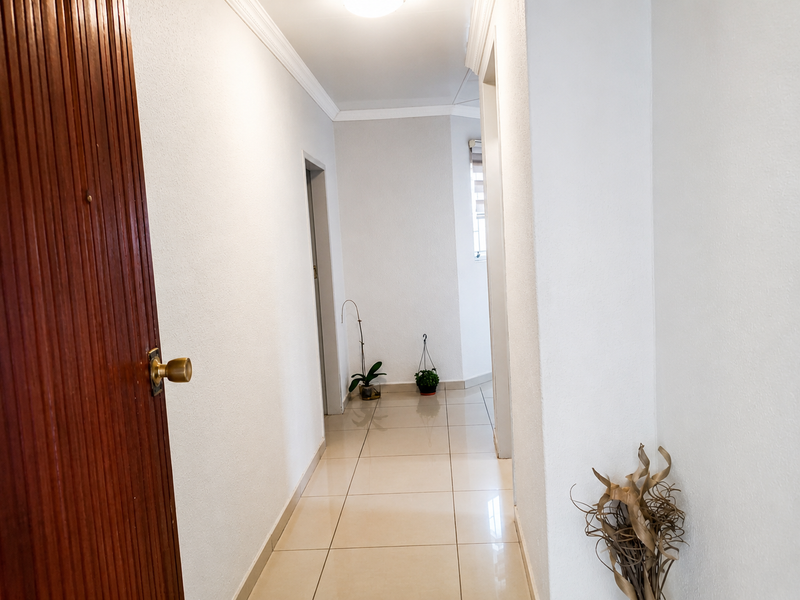 A clean, well-maintained hallway featuring neutral tiled flooring, coved ceilings, and a solid wood entrance door.
